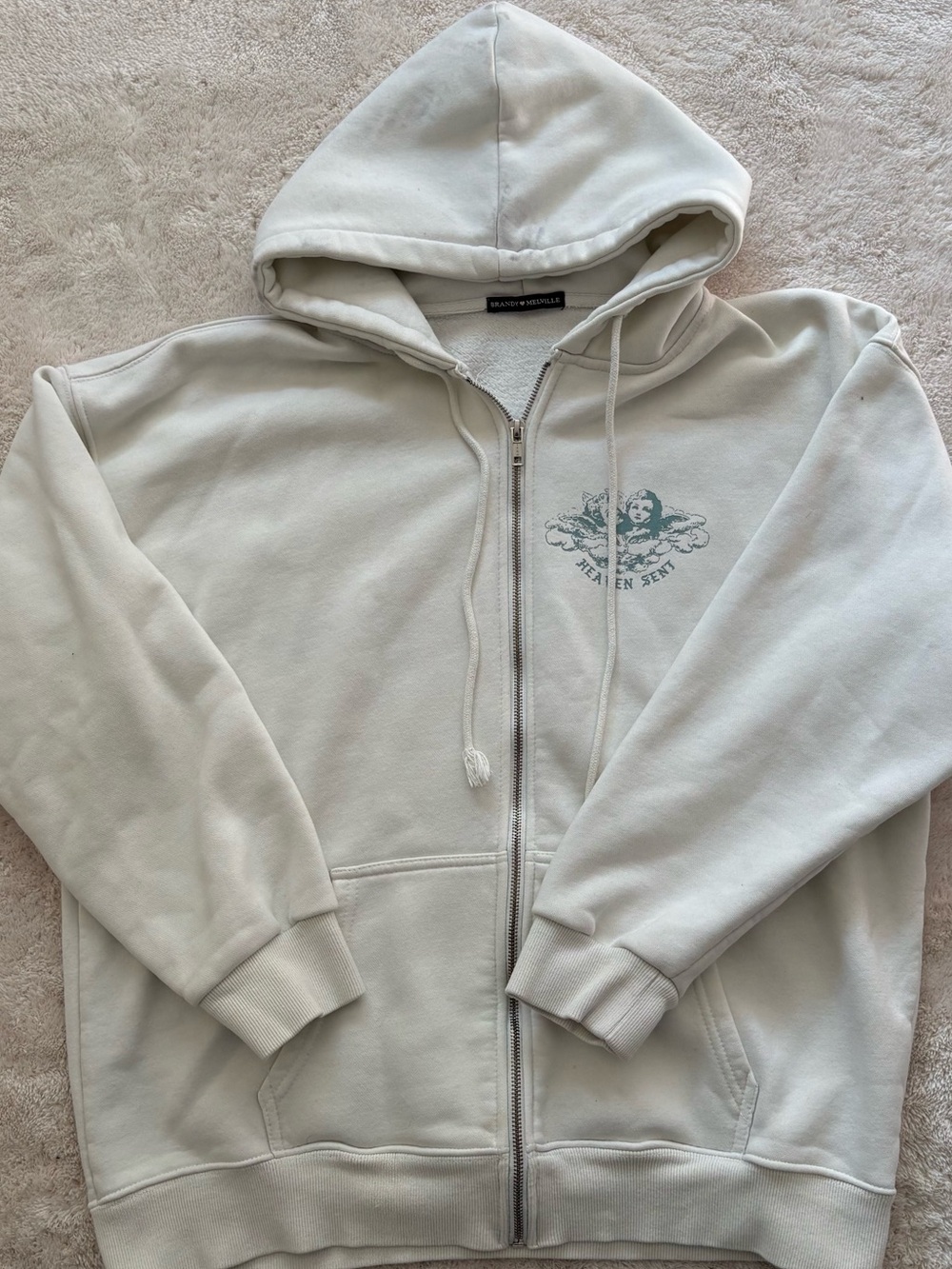 Brandy Melville Cream Zip-Up Hoodie with Small Chest Graphic - Men